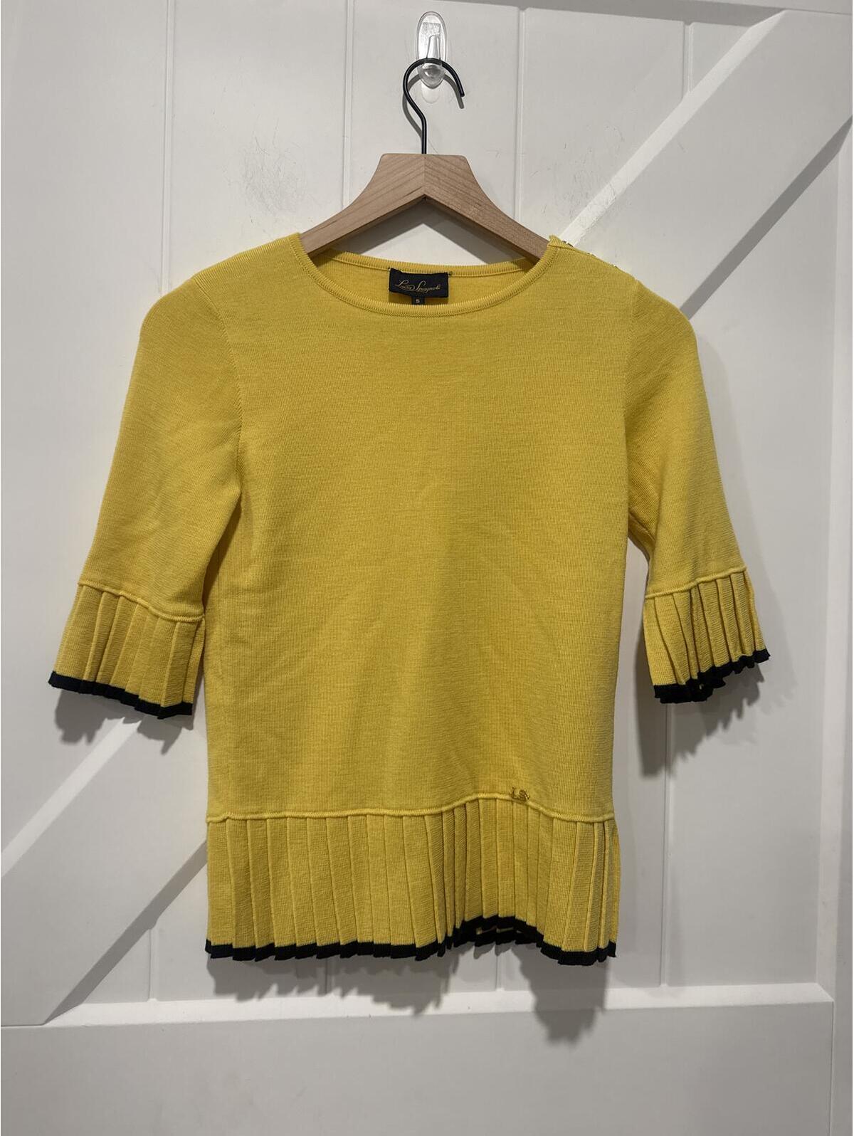 Luisa Spagnoli Yellow Knit Top With Pleated Hem And Sleeve Trim, Size S